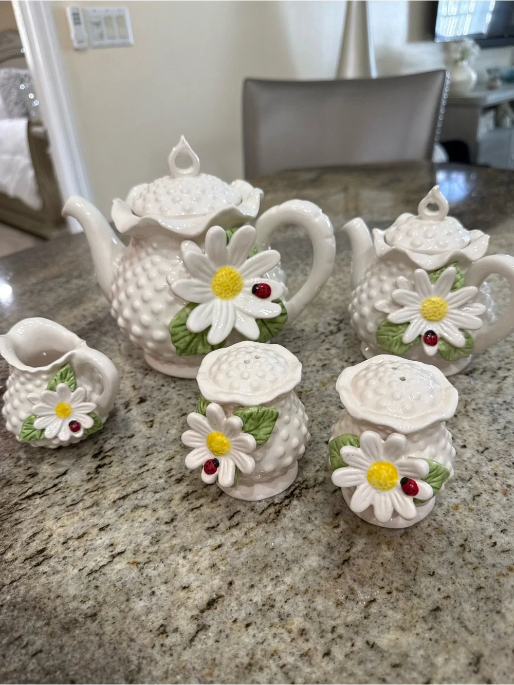 Vintage Daisy ladybug Tea set cottage core mini teapot salt pepper set decor
